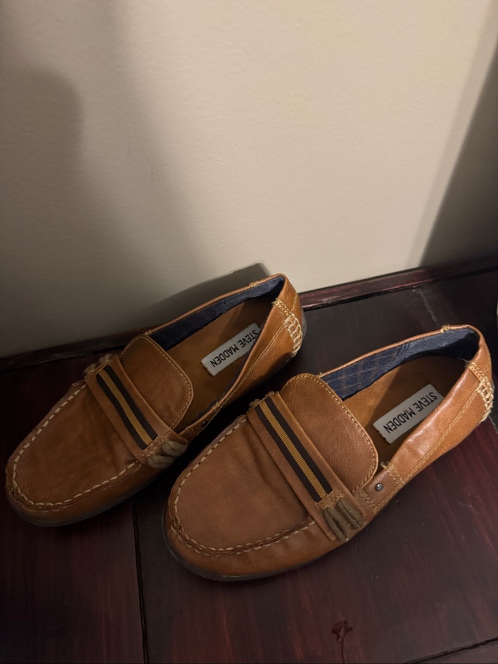 Steve Madden Tan Leather Kids Boys Slip-On Loafers with Striped Band - Picture 3 of 7